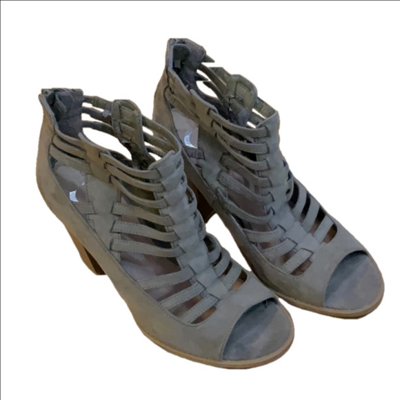 Guess Gray Suede Cage Heels with Wedge - Picture 1 of 6